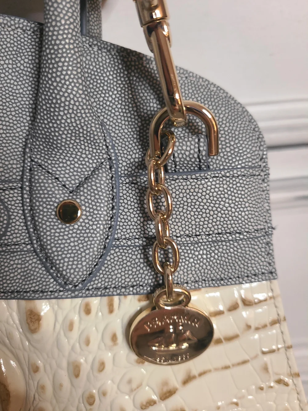 BRAHMIN-Gray and Cream Croc-Geniune Leather Satchel with Gold Accent